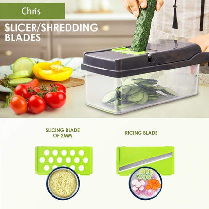 Versatile 9-in-1 Vegetable Slicing and Dicing Kit with Drain Basket and Interchangeable Blades