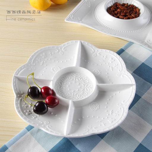 Elegant Embossed White Ceramic Snack Plates with Multiple Compartments