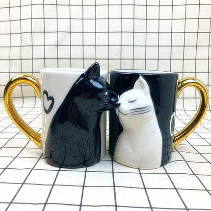 Romantic Cat-Themed Couple's Ceramic Coffee Mugs - Set of 2