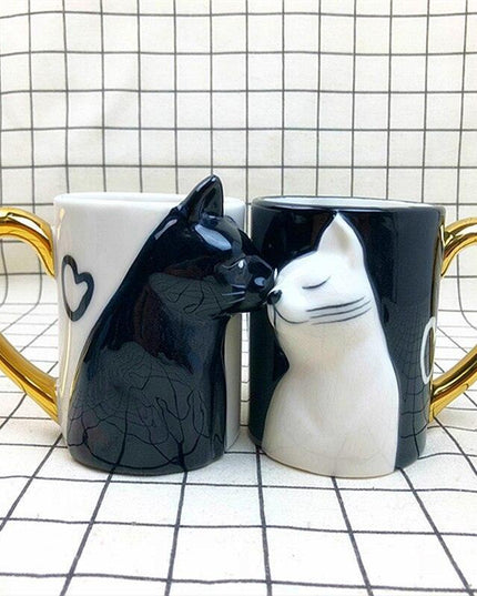 Romantic Cat-Themed Couple's Ceramic Coffee Mugs - Set of 2