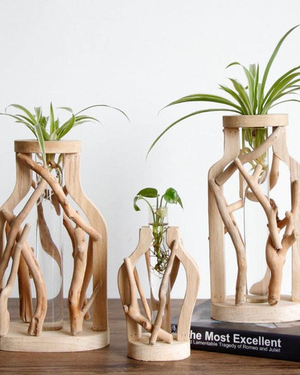 Handcrafted Rustic Wooden Vase with Elegant Floral Accents - Nature-Inspired Decor