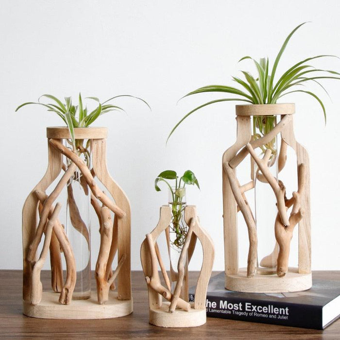Handcrafted Rustic Wooden Vase with Elegant Floral Accents - Nature-Inspired Decor