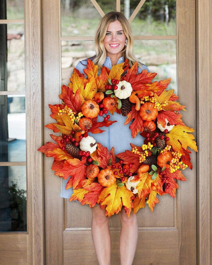 Harvest Moon Pumpkin Maple Wreath - Elegant Fall Decor