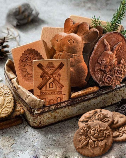 Retro Beech Wood Cookie Mold with 3D Embossed Designs - Elevate Your Baking Artistry!