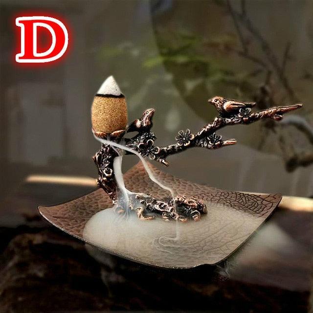 Lotus Blossom Backflow Incense Burner Kit with Plum Branch Chassis and Relaxation Accessories