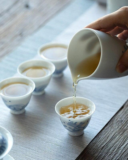 Artisanal Jade Porcelain Tea Cup Set with Ocean Wave Design - 50ml Each