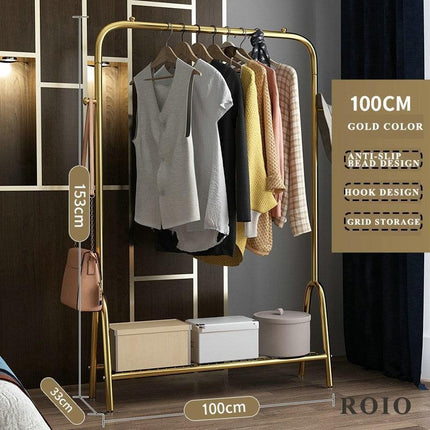 Elegant Rose-Gold Single-Pole Garment Stand and Storage Solution