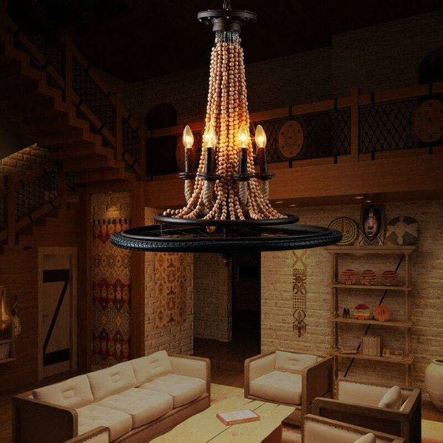 Vintage Bicycle Wheel 6-Light Chandelier with Wood Beads and Twine Accents