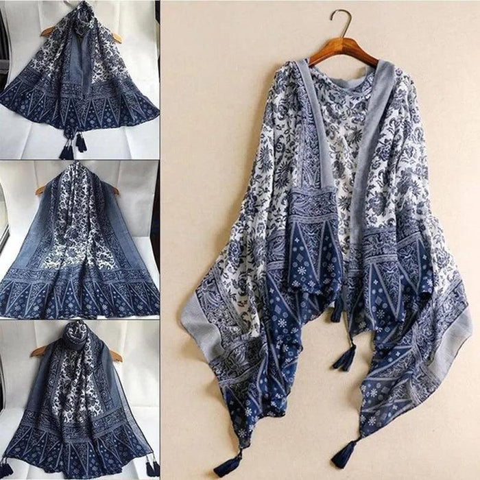 Blue Porcelain Print Cashmere Blend Shawl Wrap - Stylish Versatility for Every Event