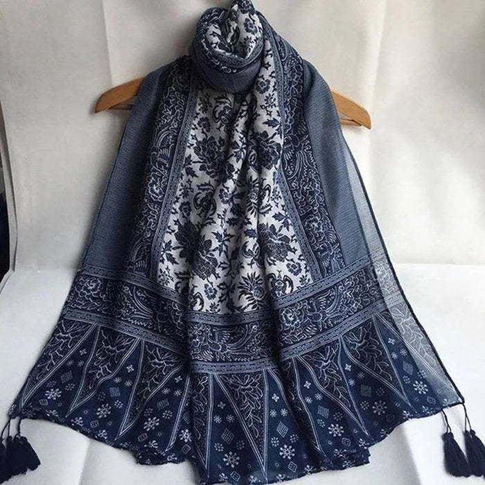 Luxurious Blue Porcelain Cashmere Blend Shawl - The Perfect Accessory for Any Occasion