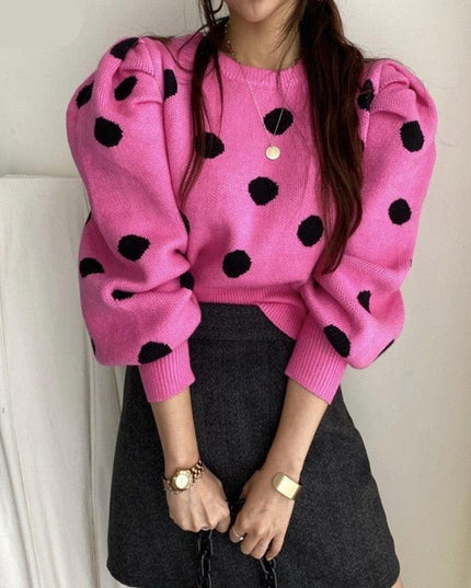 Chic Korean Sweater with Playful Polka Dot Puff Sleeves - Cozy Elegance Redefined