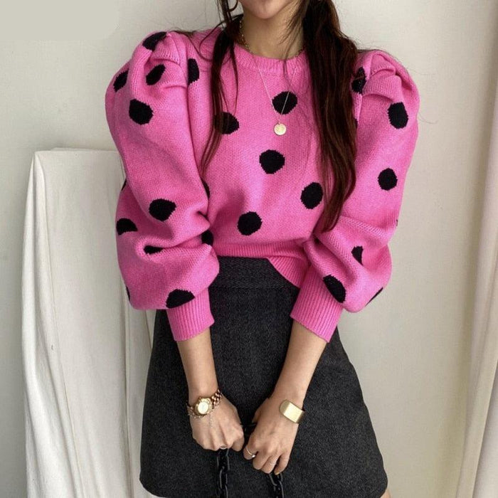 Korean-Inspired Polka Dot Sweater with Puff Sleeves | Elegant Knitwear for Fall and Winter Fashionistas