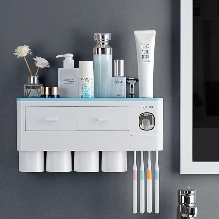 Toothbrush Holder and Toothpaste Dispenser with Storage Rack