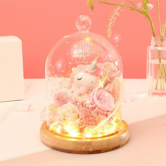Exclusive Unicorn Preserved Flower Rose in Glass Dome with Lights - Eternal Real Rose
