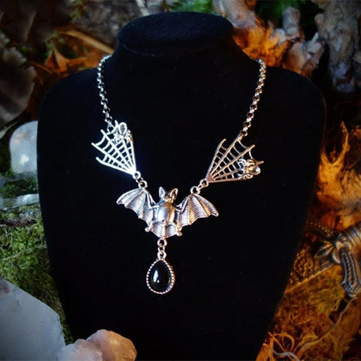 Enigmatic Gothic Bat and Spiderweb Necklace Set with Enchanted Charm Casket