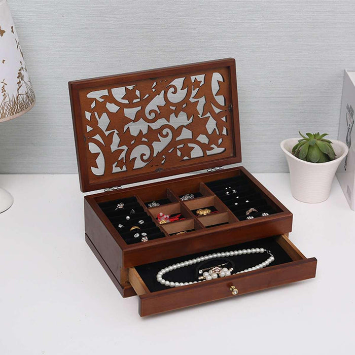 Exquisite Vintage Wooden Jewelry Box with Mirror Detail - Chic Storage Solution