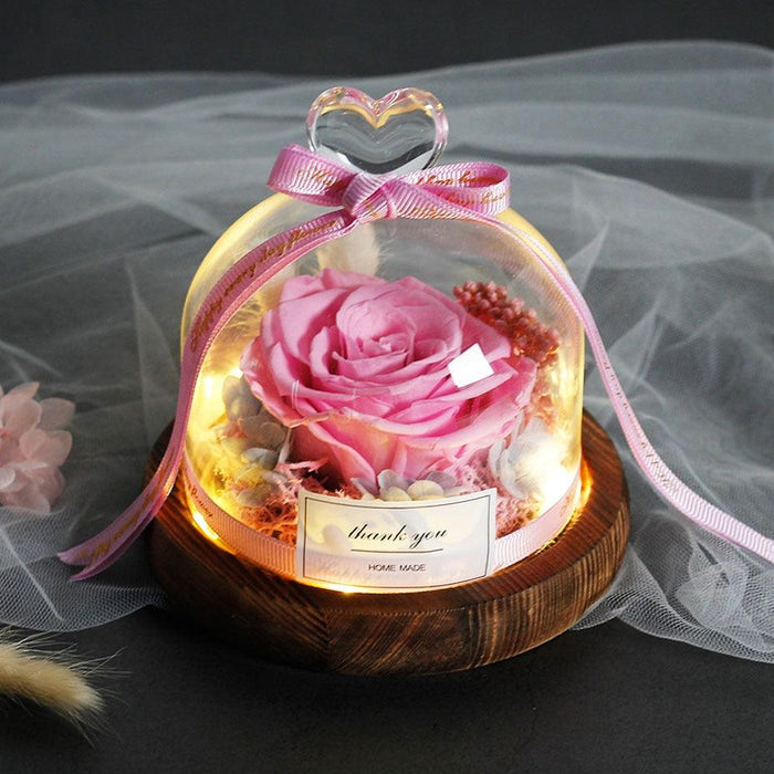 Enchanted Rose Glass Dome with Twinkling Lights