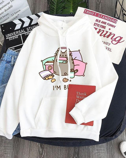 Charming Cat-Themed Fleece Pullover Hoodie for Cozy Spring and Autumn Days