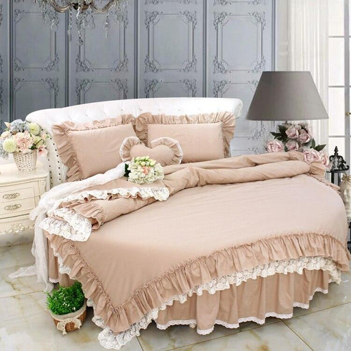 Luxury Grey Lace Ruffle Cotton Pillow Sham Set with 4-Piece Duvet Cover