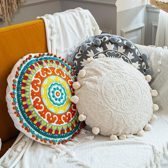 Moroccan Elegance Circular Embroidered Pillow Cover for Stylish Home Décor