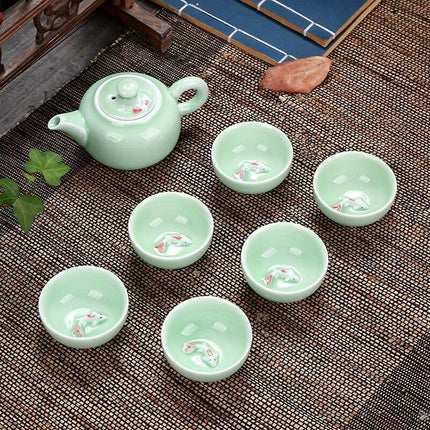 Artisan Fish-Themed Longquan Celadon Tea Set with Elegant Ceramic Kettle