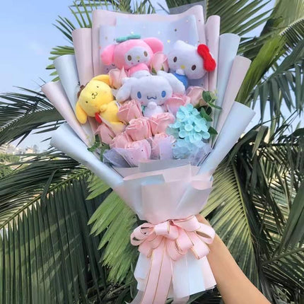 Sanrio Character Plush Doll Bouquet - Cute My Melody, Kuromi, Cinnamoroll & Kt Cat Gift Set