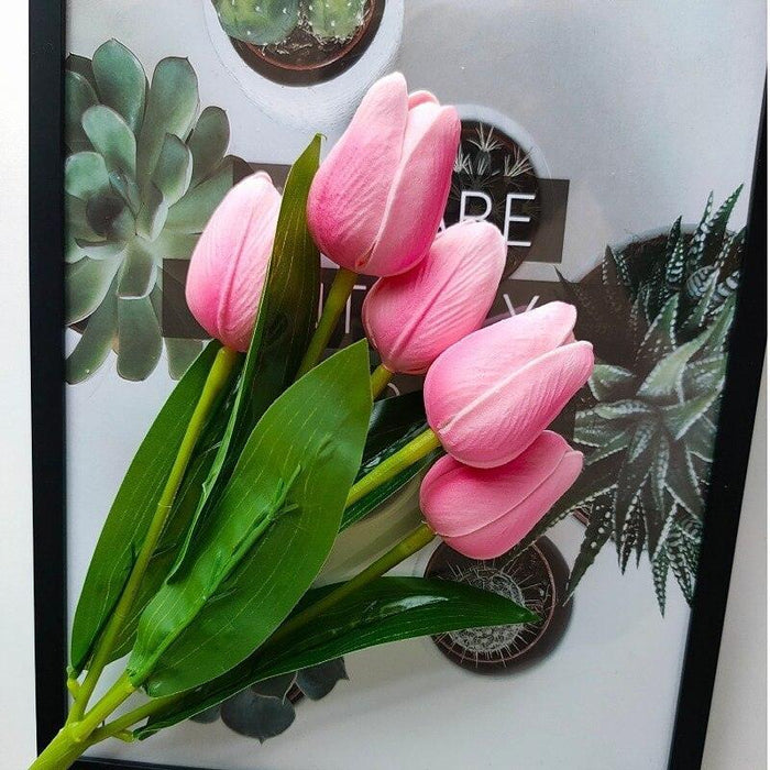 Elegant Hot Pink Tulip Bouquet: Realistic Stems with 5 Lifelike Buds
