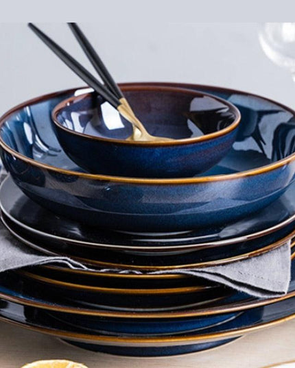 Sophisticated Blue Glazed Ceramic Dining Collection with Complementary Salad and Soup Bowls