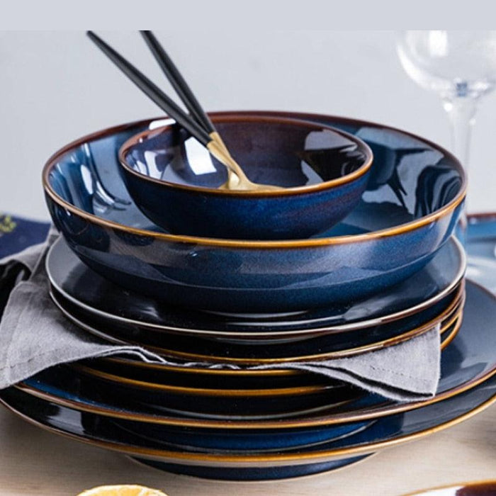 Blue Glazed Ceramic Dining Set with Coordinating Salad and Soup Bowls