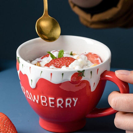 Charming Strawberry-Themed Ceramic Mug Set with Lid and Spoon for a Luxurious Drinking Experience