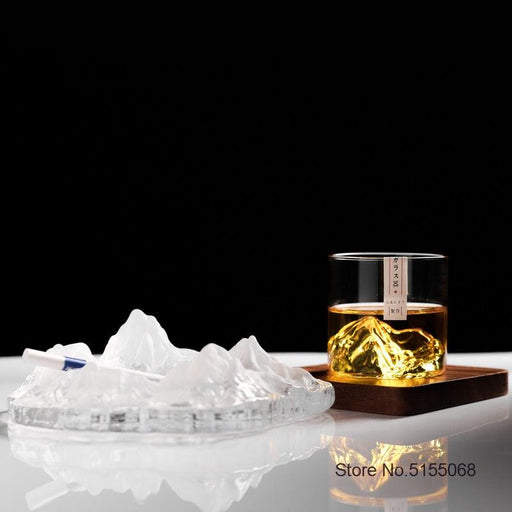Japanese Mountain Peak 3D Glacier-Inspired Whiskey Glass Collection with Elegant Wooden Box