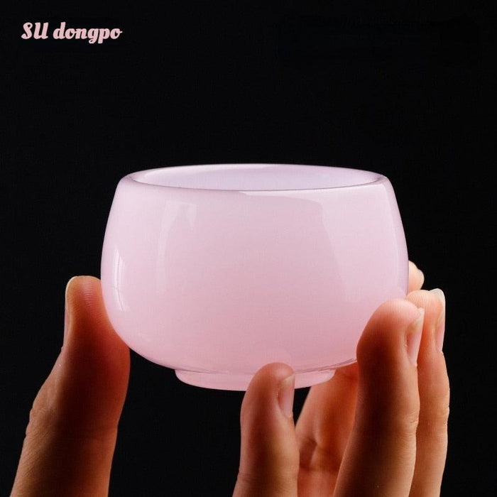 Elegant Hibiscus Pink Jade Porcelain Tea Cup Set for Chinese Retro Tea Ceremonies