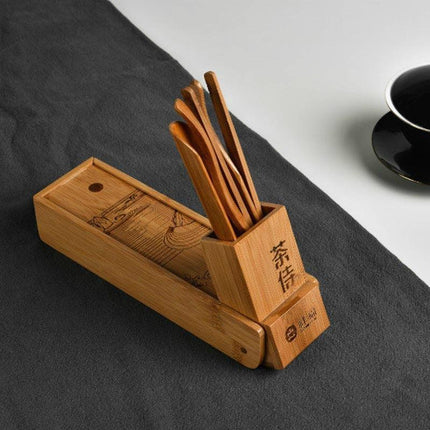 Elegant Chinese Bamboo Tea Set with Artistic River Design and Storage Box
