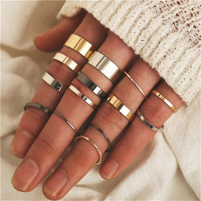 Bohemian Gold Crystal Finger Ring Set - Exquisite Collection of 12 Pieces for Women