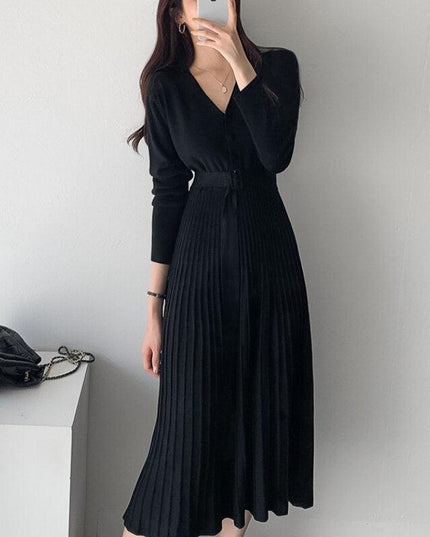 Elegant V-Neck Knit Sweater Dress with Belted Waist - Women's Winter Wardrobe Must-Have