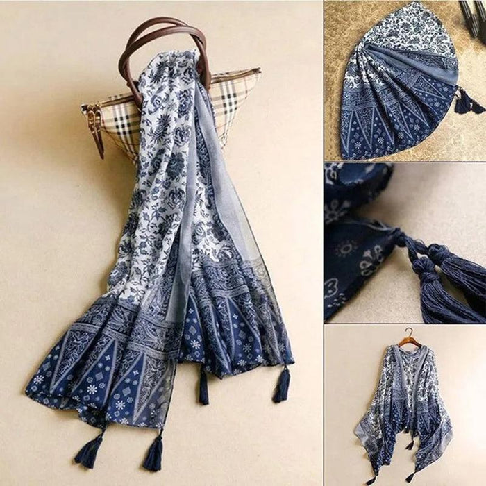 Luxurious Blue Porcelain Cashmere Blend Shawl - The Perfect Accessory for Any Occasion