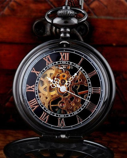 Vintage Black Skeleton Pocket Watch Necklace in Steampunk Style