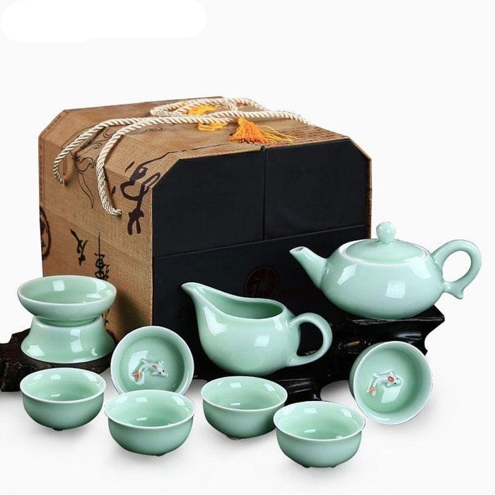 Elegant Celadon Fish Tea Set with Authentic Porcelain Teapot and 6 Cups - Perfect for Traditional Asian Tea Ceremonies
