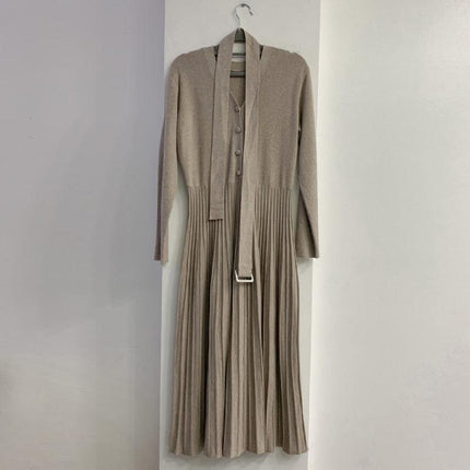 Elegant V-Neck Knit Sweater Dress with Belted Waist - Women's Winter Wardrobe Must-Have