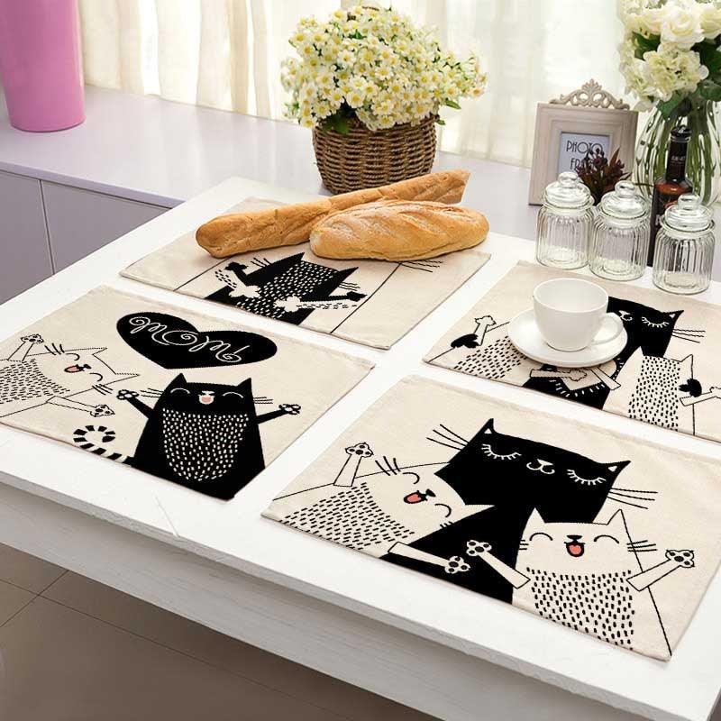 1Pcs Bkack Cat Pattern Cotton Linen Pad Dining Table Mats Coaster Bowl Cup Mat Pattern Kitchen Placemat Home Decor ML0016-Kitchen & Dining›Tabletop›Coasters & Place Mats-Très Elite-2CD-ML0016-1-Très Elite