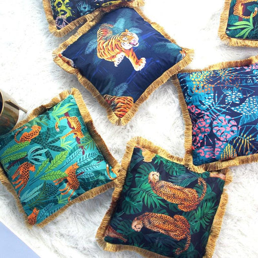 Light Luxury Botanica Golden Tassels Cushion Covers Tropical Rain Forest Animal Waist Pillowcase Leopard Giger American Pillow Covers