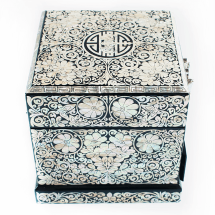 Crane Serenity: Dual-Layer Mother of Pearl Jewelry Organizer with Mirror