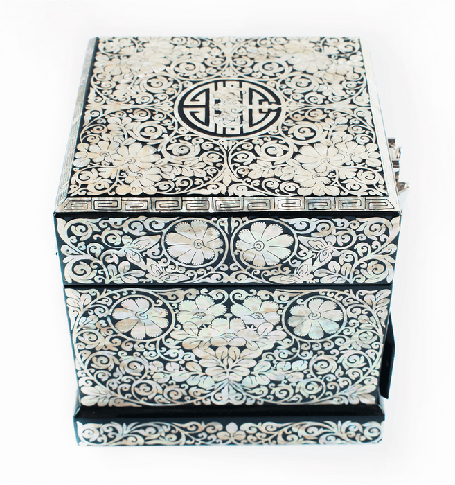 Crane Motif Mother of Pearl Jewelry Box with Two-Tiered Design