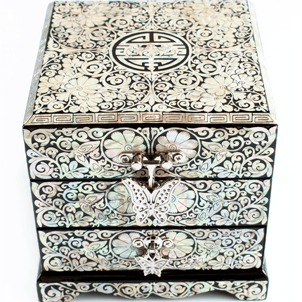 Crane Serenity: Dual-Layer Mother of Pearl Jewelry Organizer with Mirror