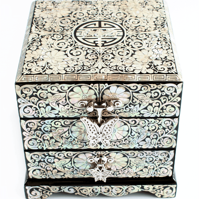 Crane Serenity: Dual-Layer Mother of Pearl Jewelry Organizer with Mirror