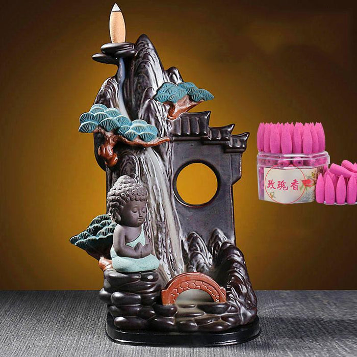 LED Ceramic Backflow Incense Burner with Smoke Waterfall and Pine Ornament