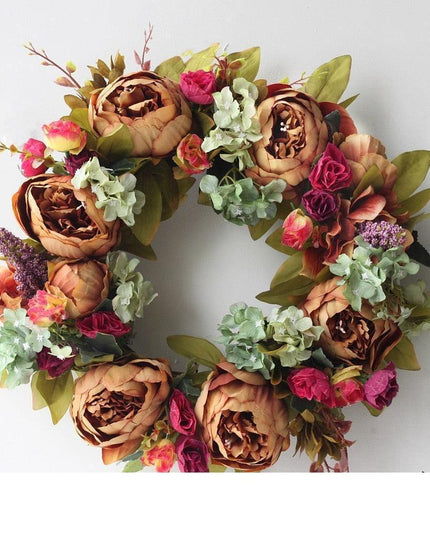 Elegant Peony Silk Flower Wreath with Rattan Accents - Perfect for Home Decor