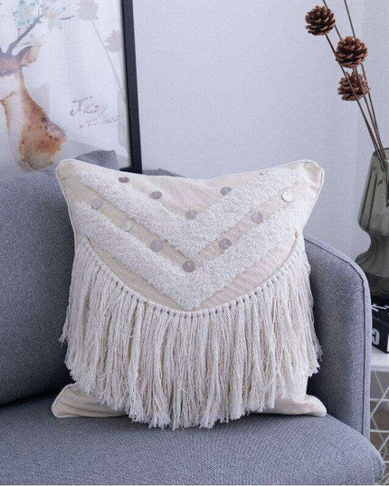Beige Moroccan Diamond Textured Fringe Pillow Cover