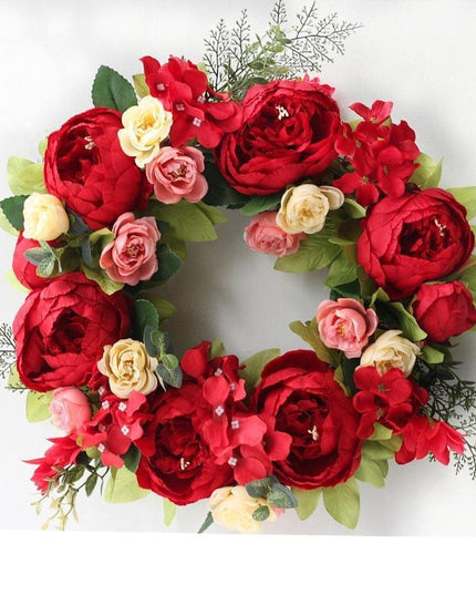 Elegant Peony Silk Flower Wreath with Rattan Accents - Perfect for Home Decor