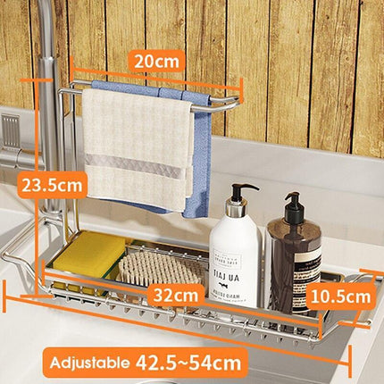 Adjustable Stainless Steel Sink Rack with Integrated Towel Holder - Perfect for Kitchen and Bathroom Organization